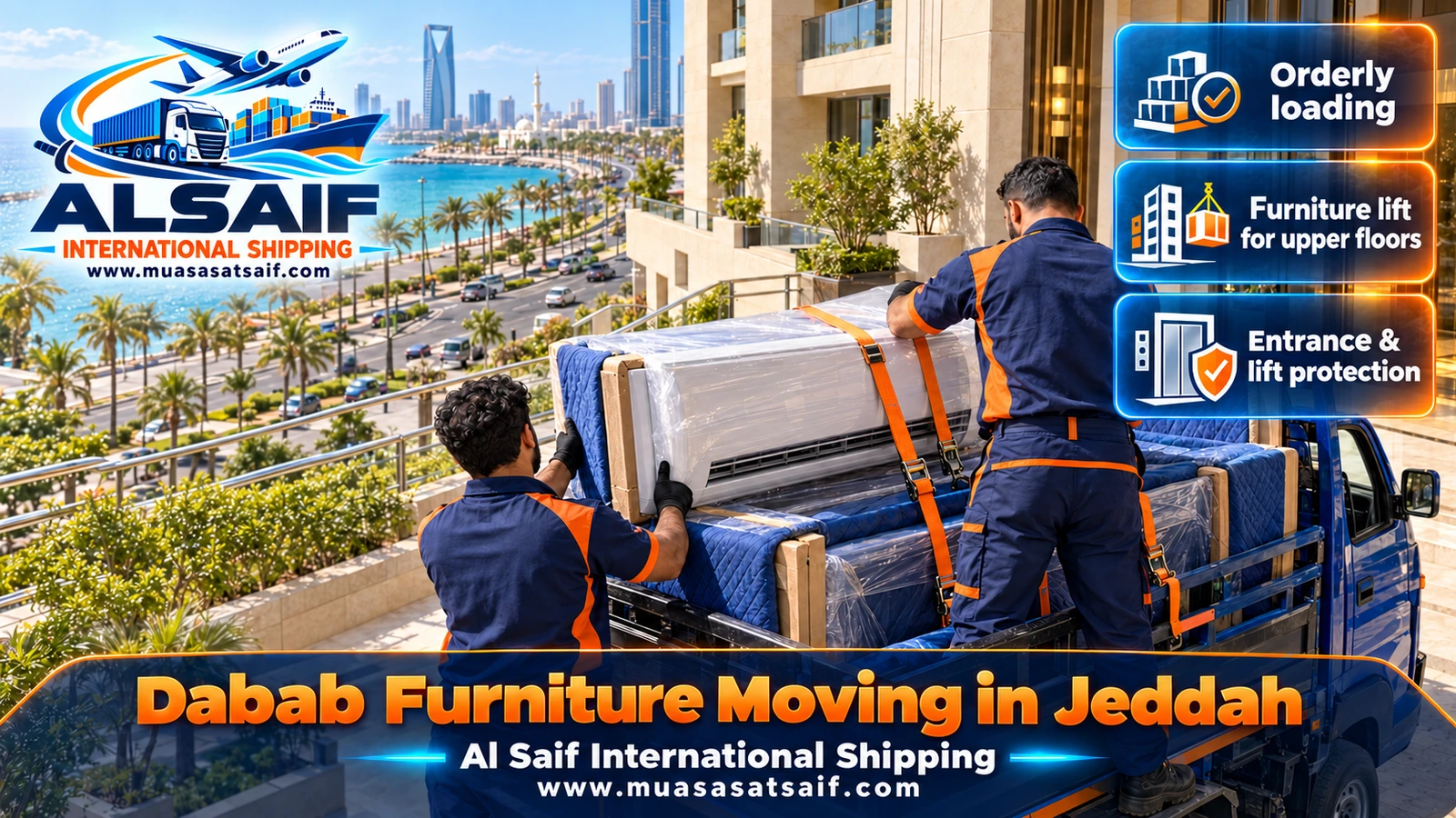 Workers loading a bedroom set onto a dabab in Jeddah and securing it with straps