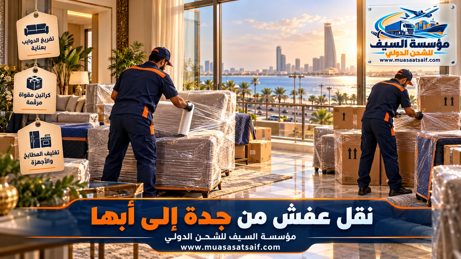تغليف الكنب والدواليب بالبلاستيك والكرتون قبل نقل العفش من جدة إلى أبها