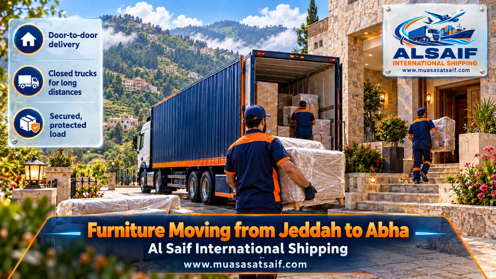 Closed moving truck on a mountain road during furniture moving from Jeddah to Abha