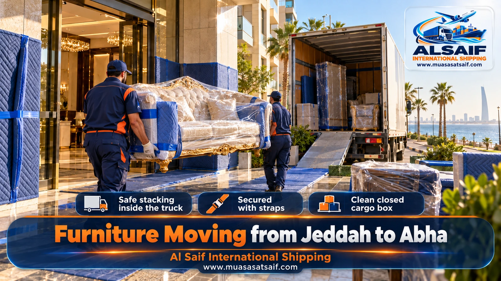 Furniture strapped inside a closed truck before the road from Jeddah to Abha