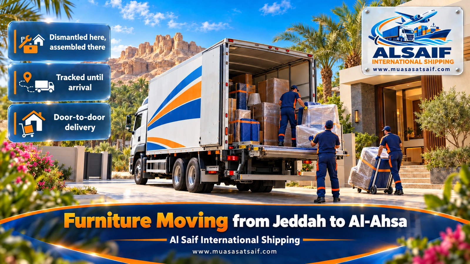 Closed truck approaching the palm groves of Al Ahsa on a furniture move from Jeddah