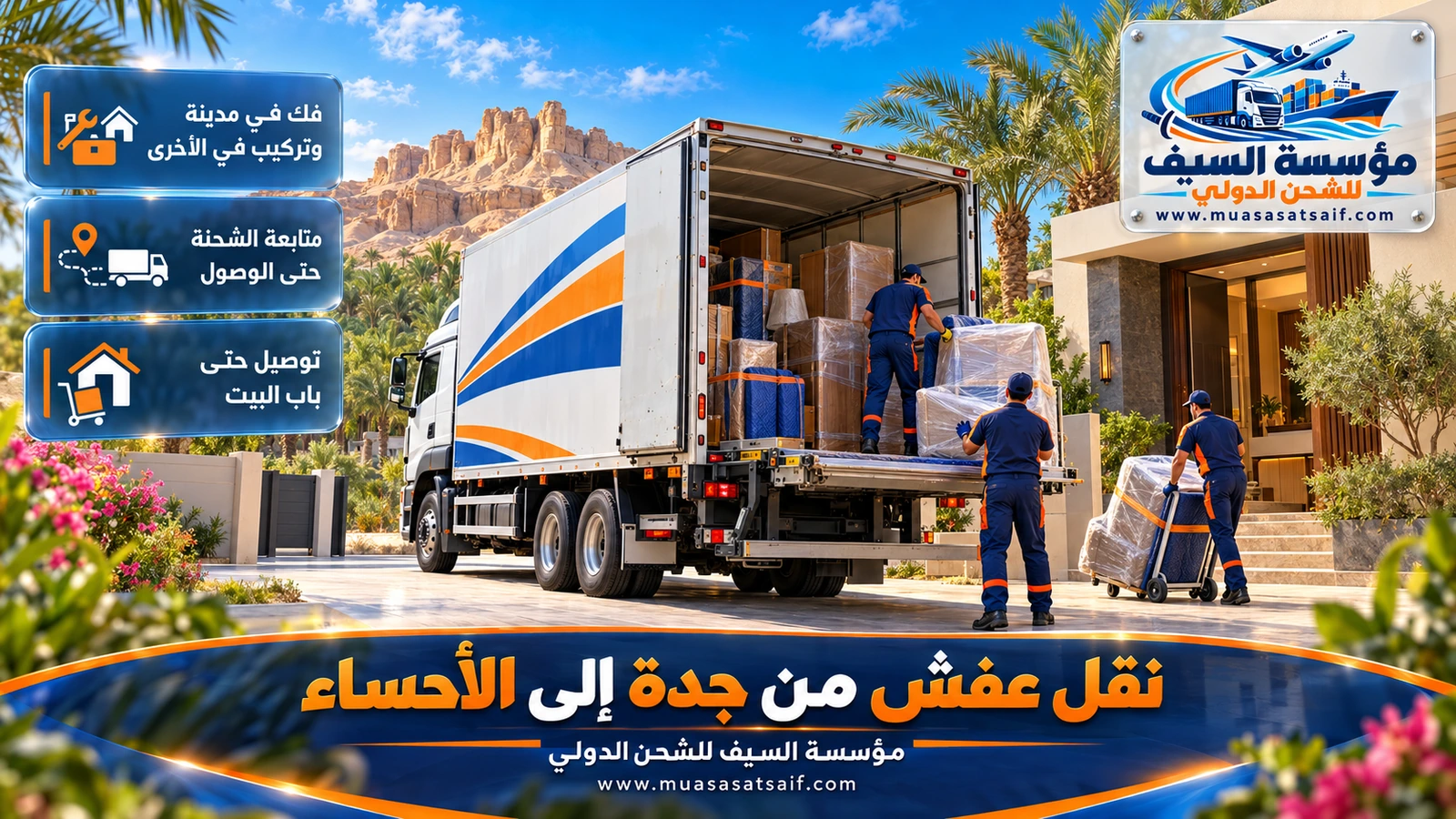 شاحنة شركة نقل عفش من جدة الي الاحساء تقترب من بساتين النخيل في الواحة