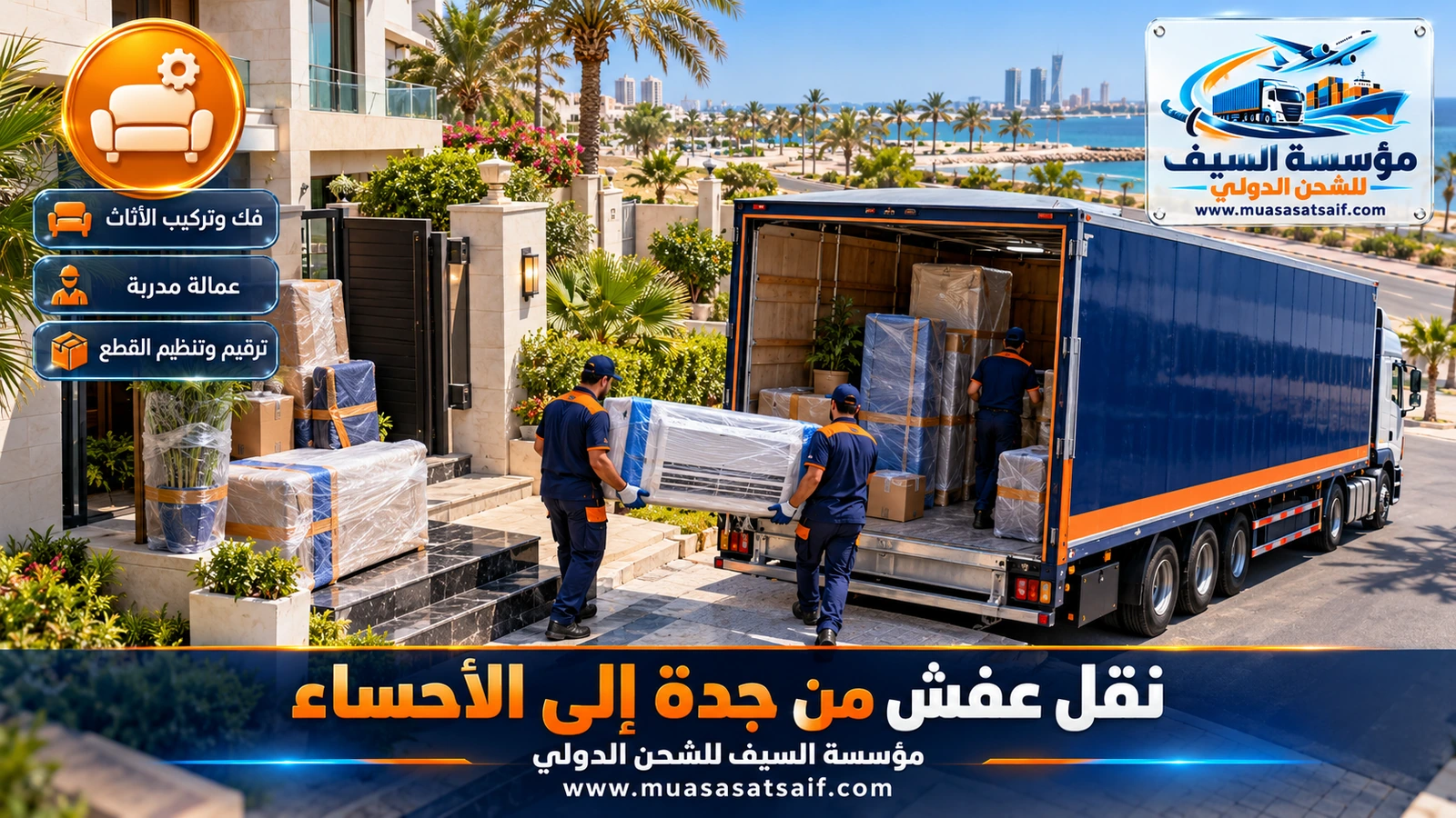 شركة نقل عفش من جدة الي الاحساء | تسليم في المبرز والعمران والعيون وقرى الواحة
