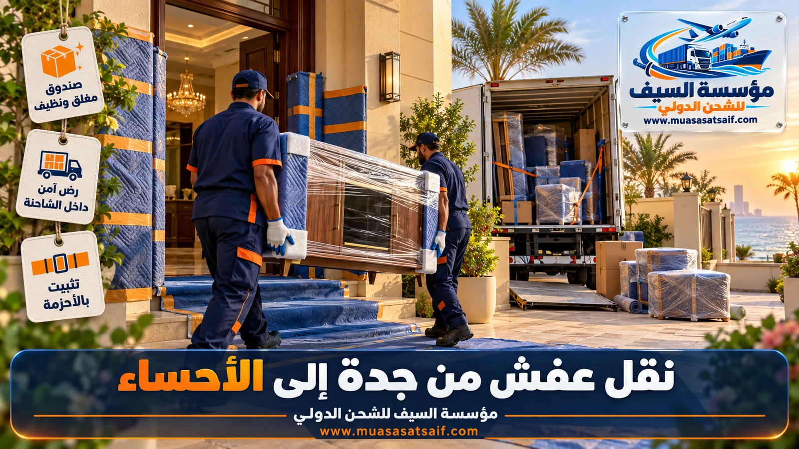 تحميل الأثاث وربطه بالأحزمة داخل شاحنة مغلقة لنقل العفش من جدة إلى الأحساء