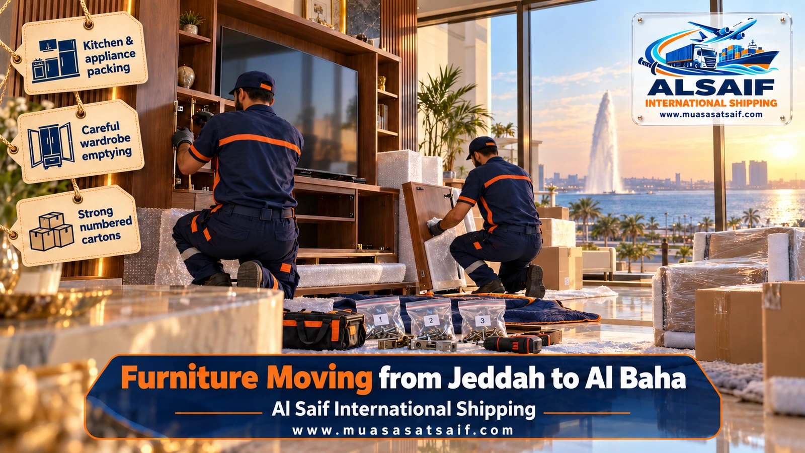 Furniture wrapped in blankets and cardboard before moving from Jeddah to Al Baha