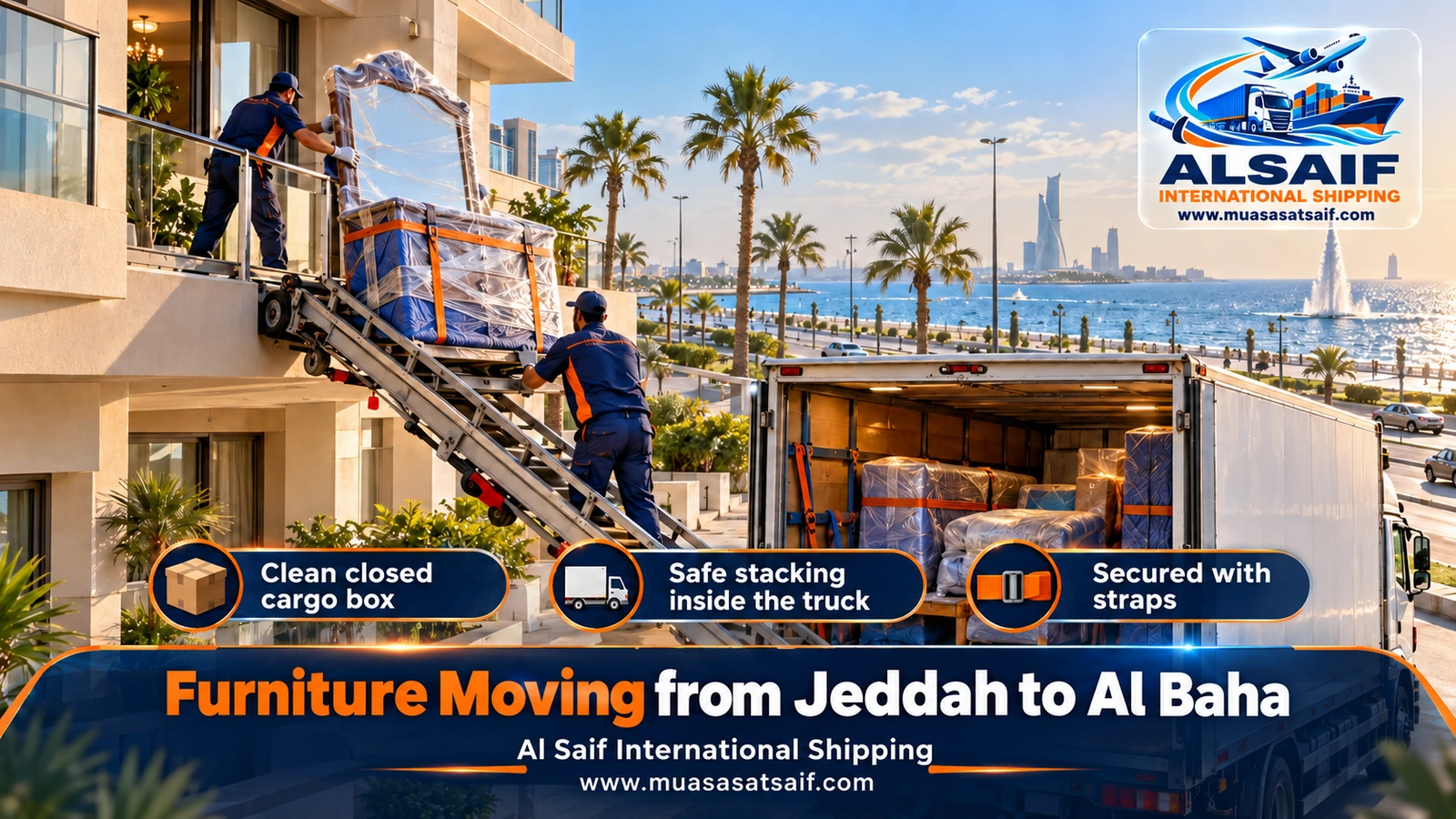 Bedroom sets and appliances strapped inside a truck bound from Jeddah to Al Baha