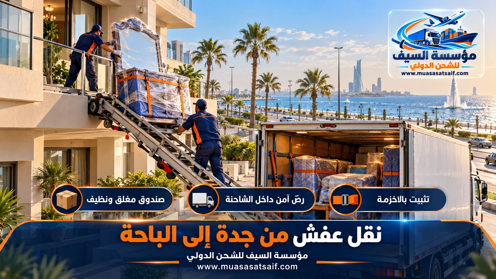 تحميل غرف النوم والأجهزة وتثبيتها بالأحزمة في شاحنة متجهة من جدة إلى الباحة