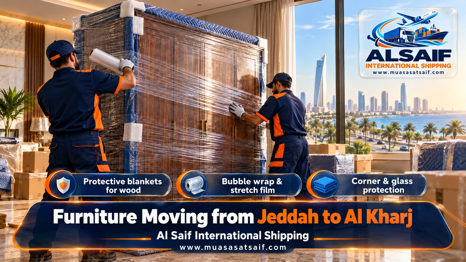 Sofas and wardrobes being wrapped for furniture moving from Jeddah to Al Kharj