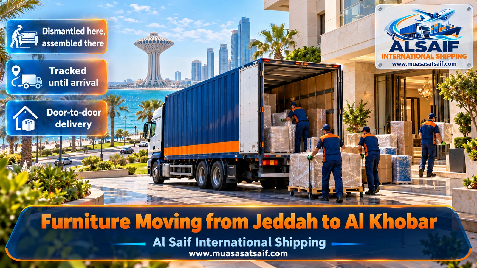 Closed furniture truck on the highway between Jeddah and Al Khobar via Riyadh