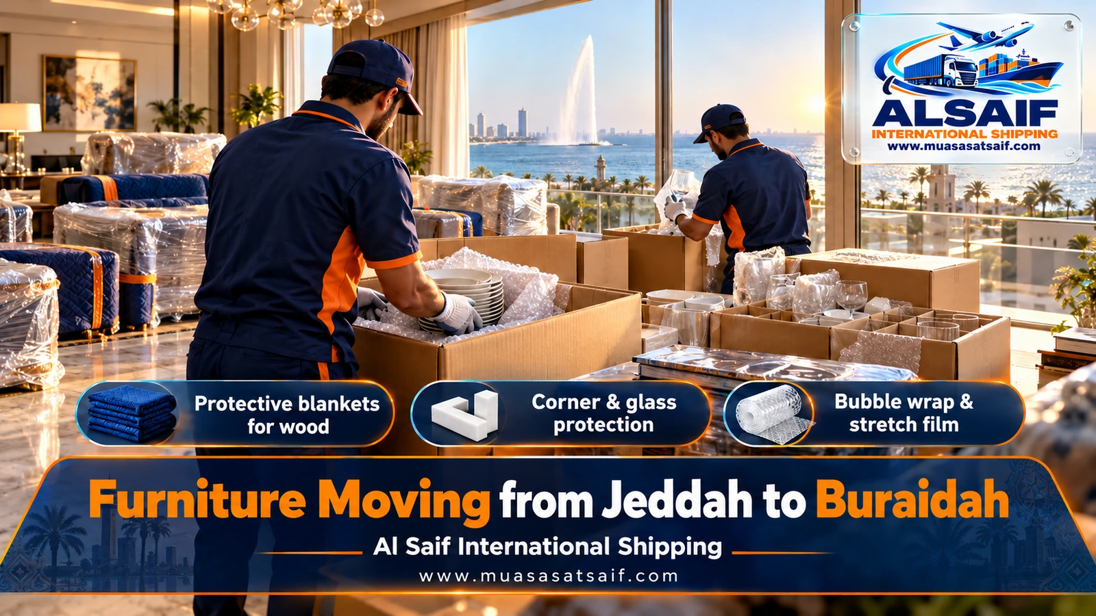 Majlis cushions and wardrobes packed for furniture moving from Jeddah to Buraidah