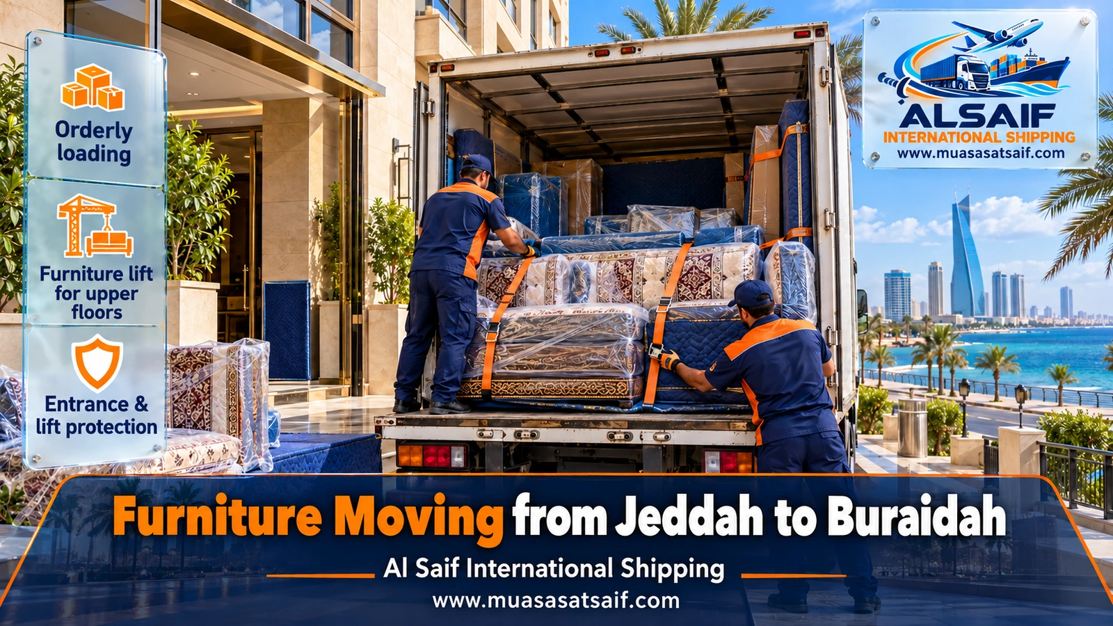 Furniture strapped in a closed truck for moving from Jeddah to Buraidah