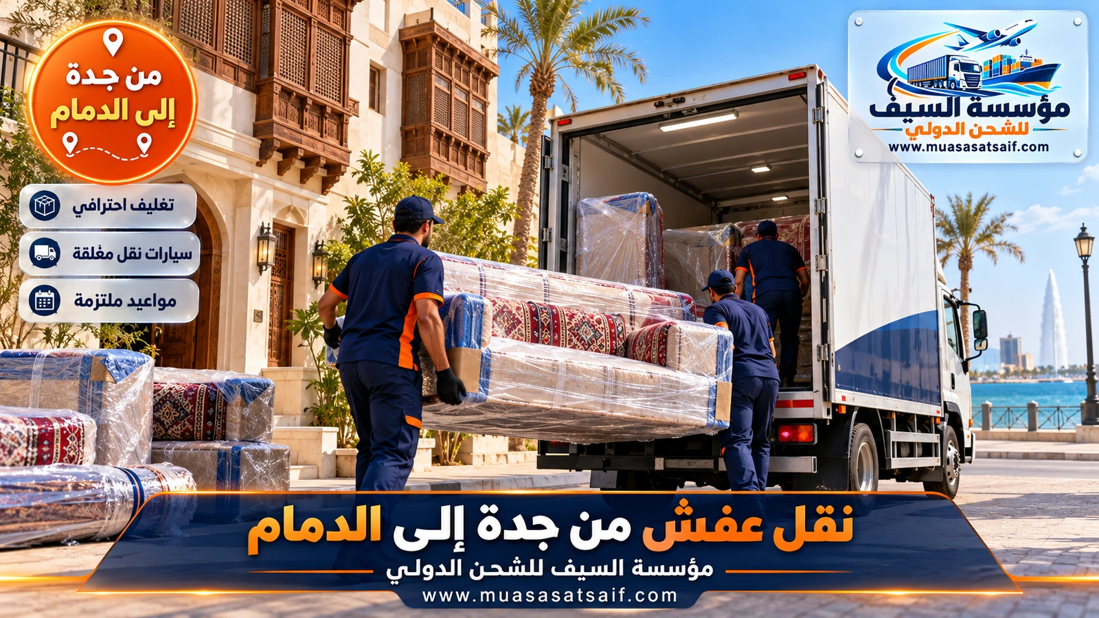شركة نقل عفش من جدة الي الدمام | فك وتغليف للمسافات الطويلة وشاحنة مغلقة حتى باب بيتك