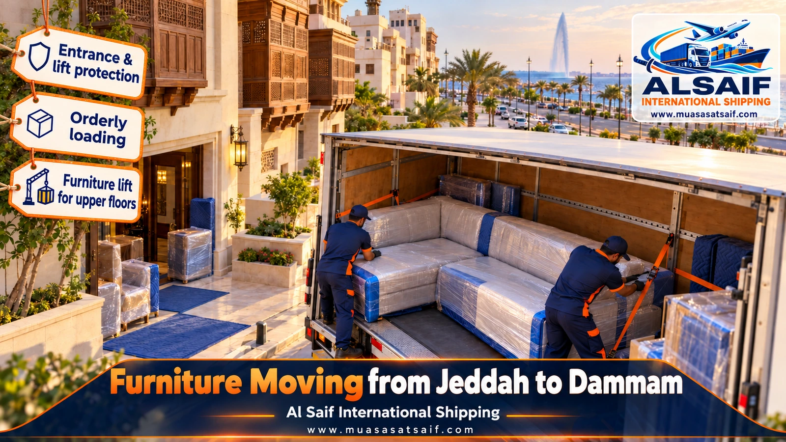 Loading wrapped furniture into a closed-box truck in Jeddah bound for Dammam