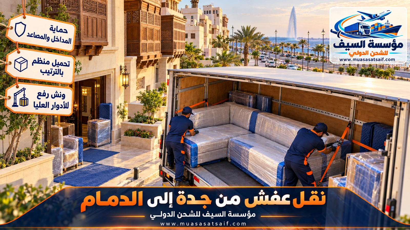 تحميل الأثاث المغلف داخل شاحنة صندوق مغلق في جدة لنقله إلى الدمام