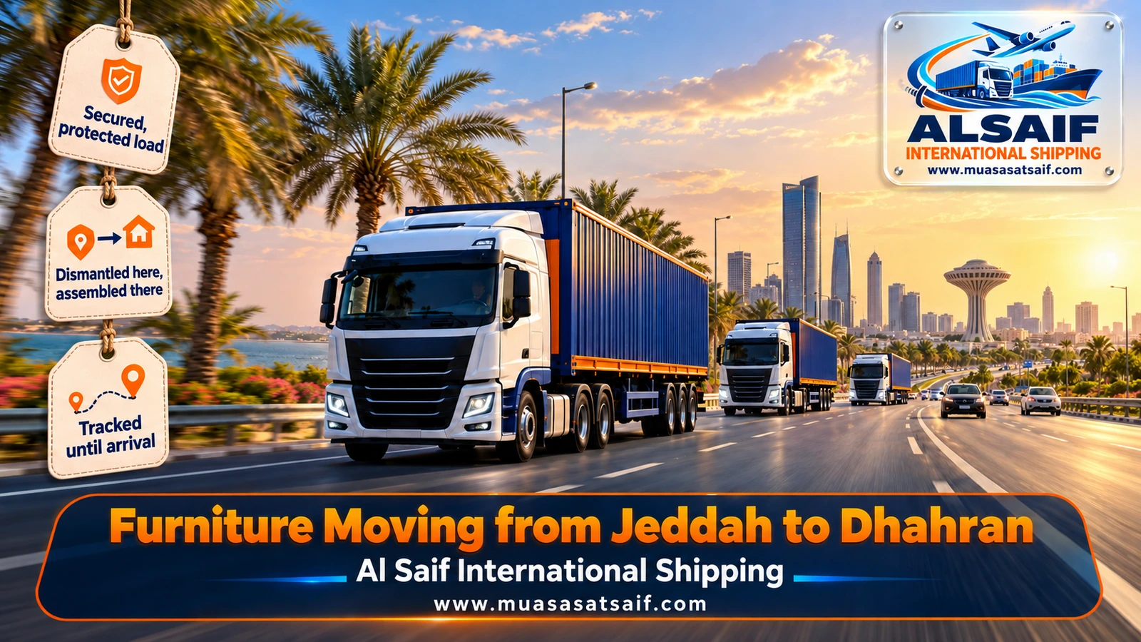 Closed furniture truck on the road from Jeddah to Dhahran via Riyadh