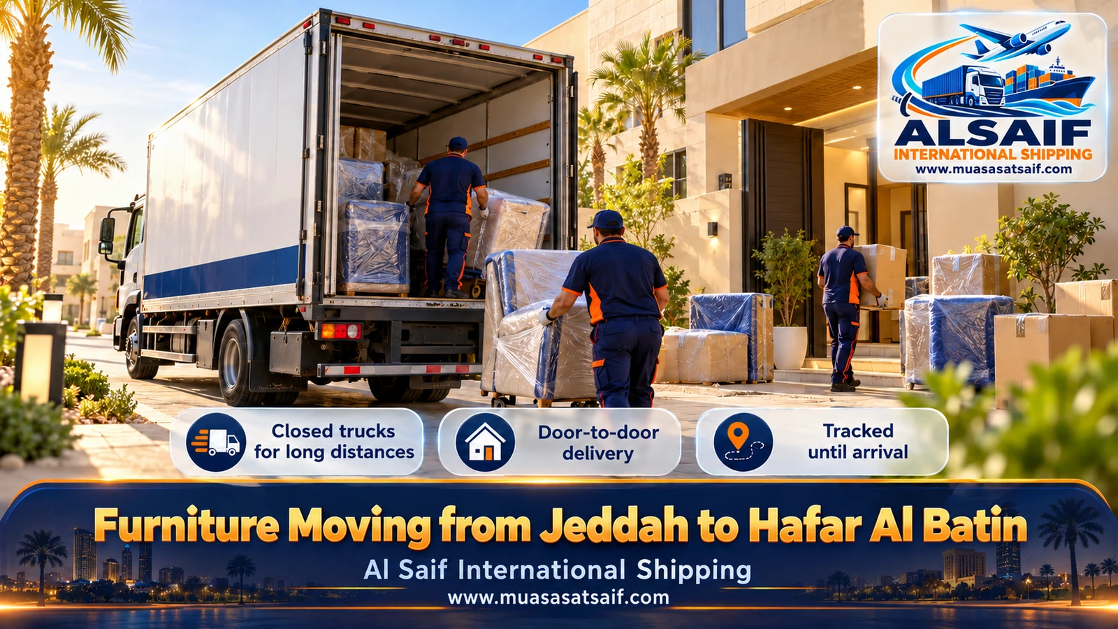 Closed truck on a long desert highway during furniture moving from Jeddah to Hafar Al Batin