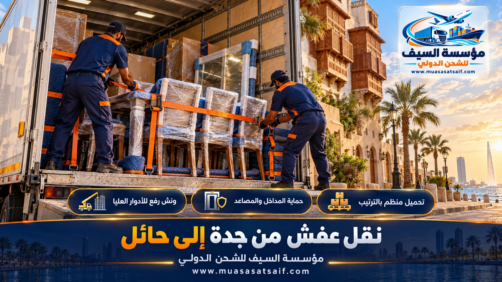 تحميل أثاث بيت داخل شاحنة مغلقة لنقل عفش من جدة الى حائل