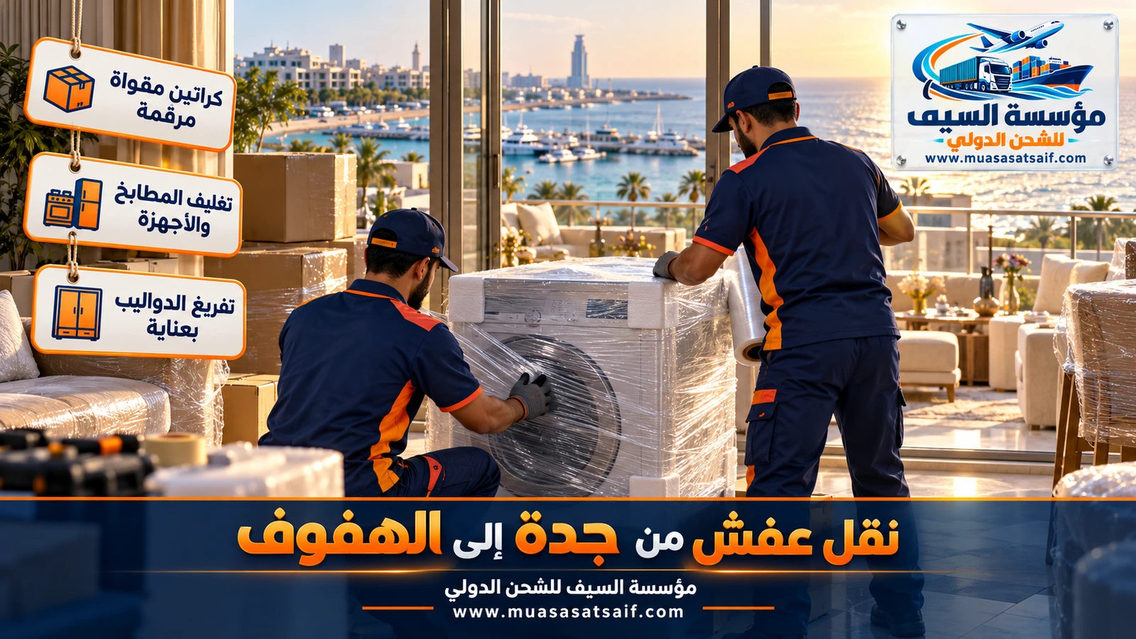 تغليف الأثاث بالبطانيات والنايلون قبل رحلة شركة نقل عفش من جدة الي الهفوف