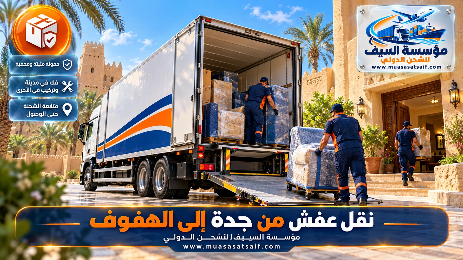 شاحنة شركة نقل عفش من جدة الي الهفوف على الطريق السريع بين الرياض والأحساء
