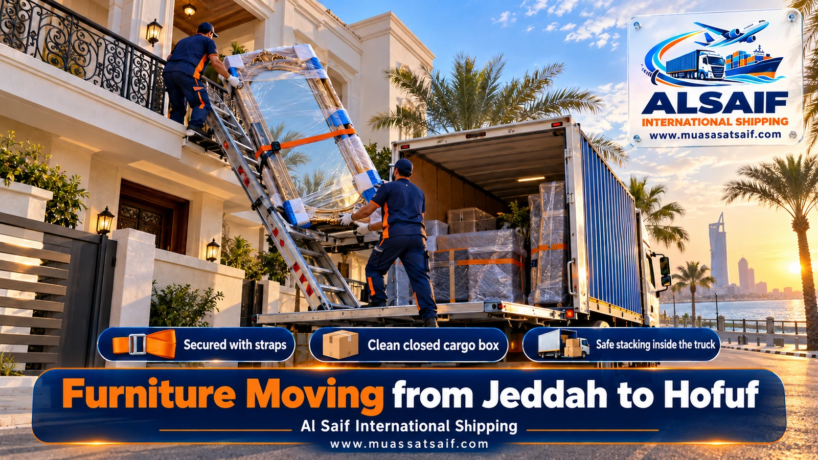 Wrapped furniture being loaded into a closed truck for a Jeddah to Hofuf move