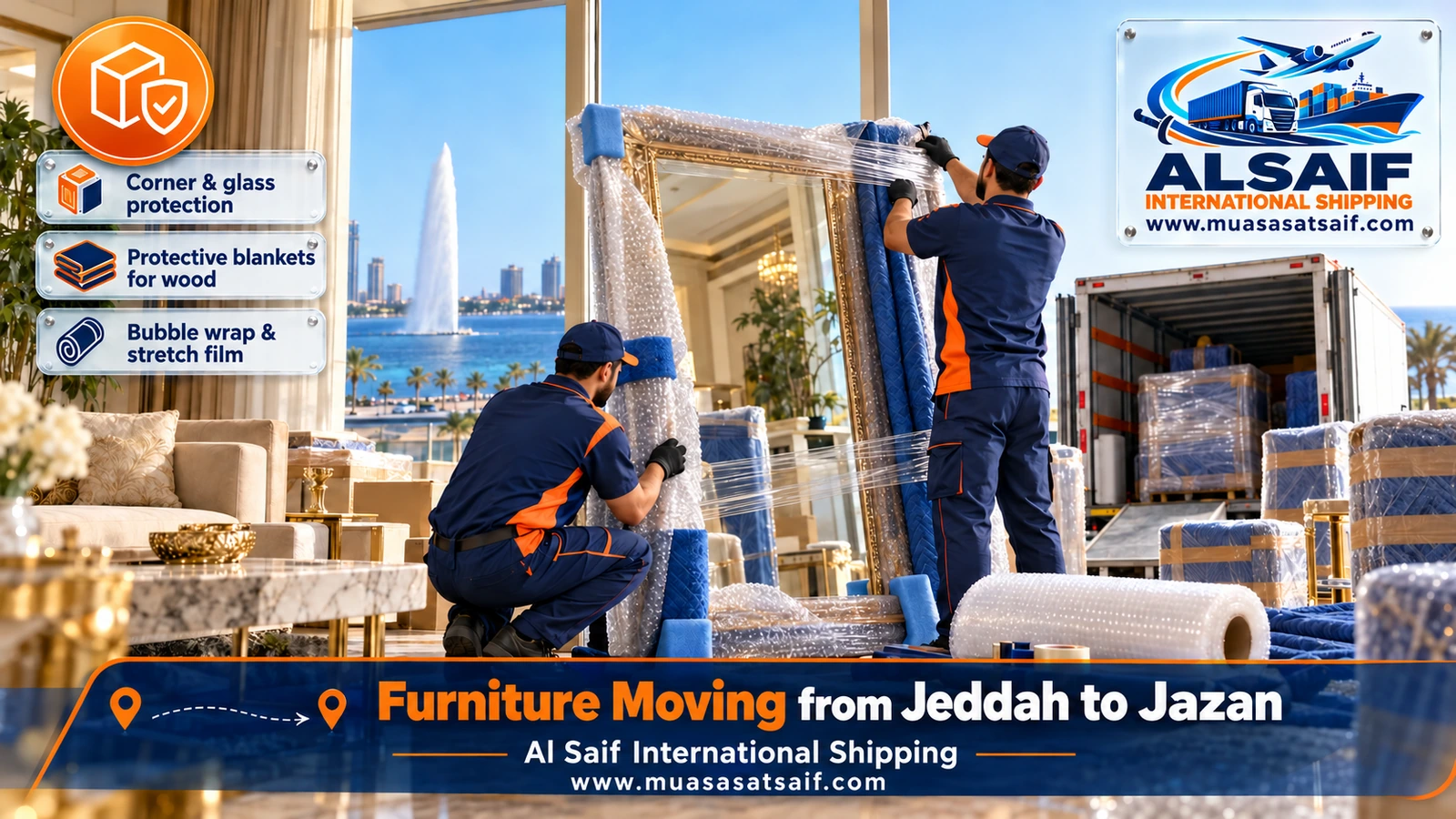 Furniture wrapped in breathable layers before moving from Jeddah to Jazan