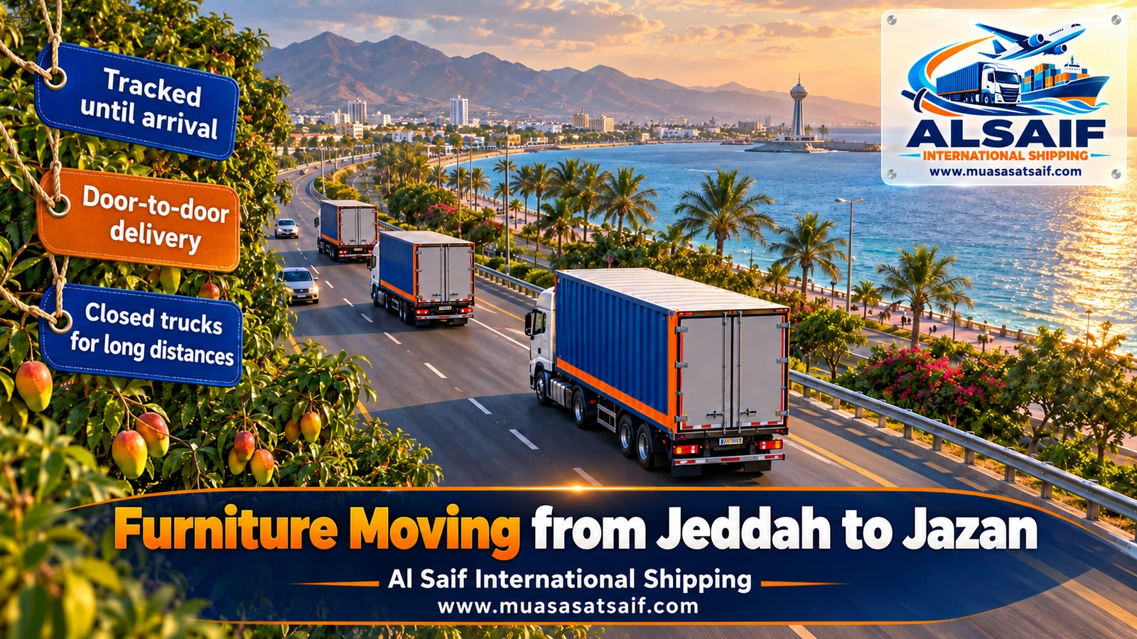 Closed truck on the coastal highway during furniture moving from Jeddah to Jazan