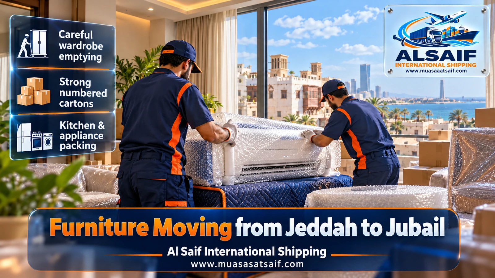 Bedroom furniture and appliances wrapped in blankets and bubble wrap before furniture moving from Jeddah to Jubail