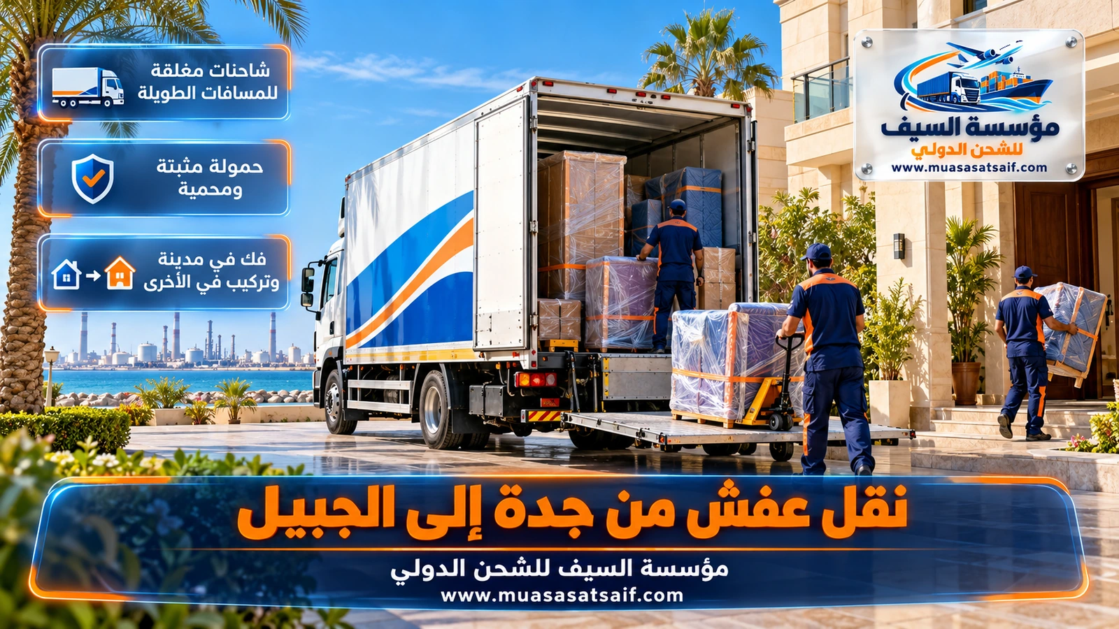 شاحنة نقل أثاث مغلقة على الطريق السريع بين الدمام والجبيل في نهاية رحلة من جدة
