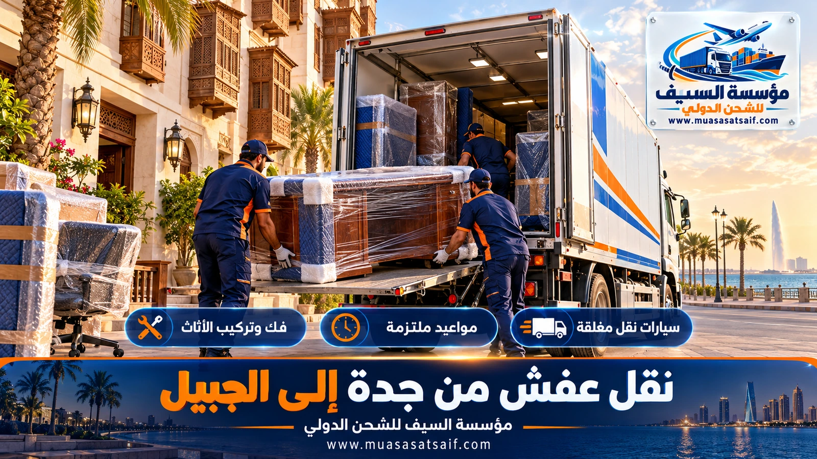 شركة نقل عفش من جدة الي الجبيل | للجبيل الصناعية والبلد وسكن الشركات مع الفك والتركيب