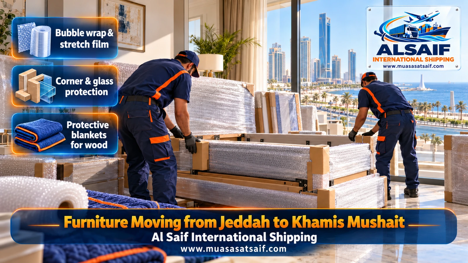 Bedroom furniture and sofas wrapped in blankets and film before moving from Jeddah to Khamis Mushait