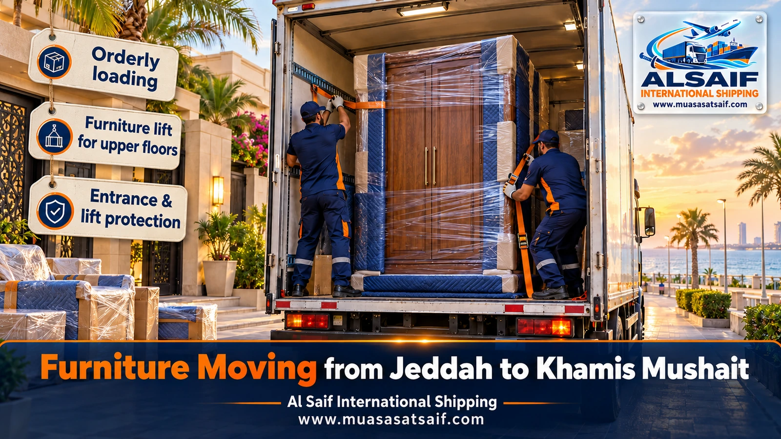 Villa furniture strapped inside a truck heading from Jeddah to Khamis Mushait