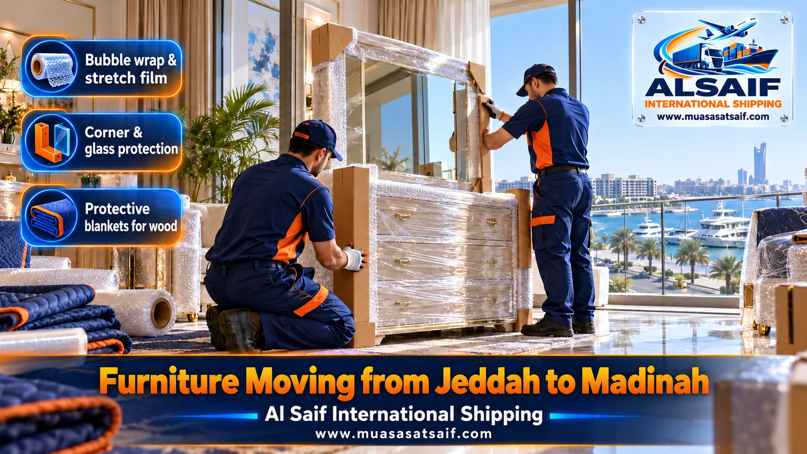 Mattresses, sofas and wardrobe panels wrapped in Jeddah before a move to Madinah