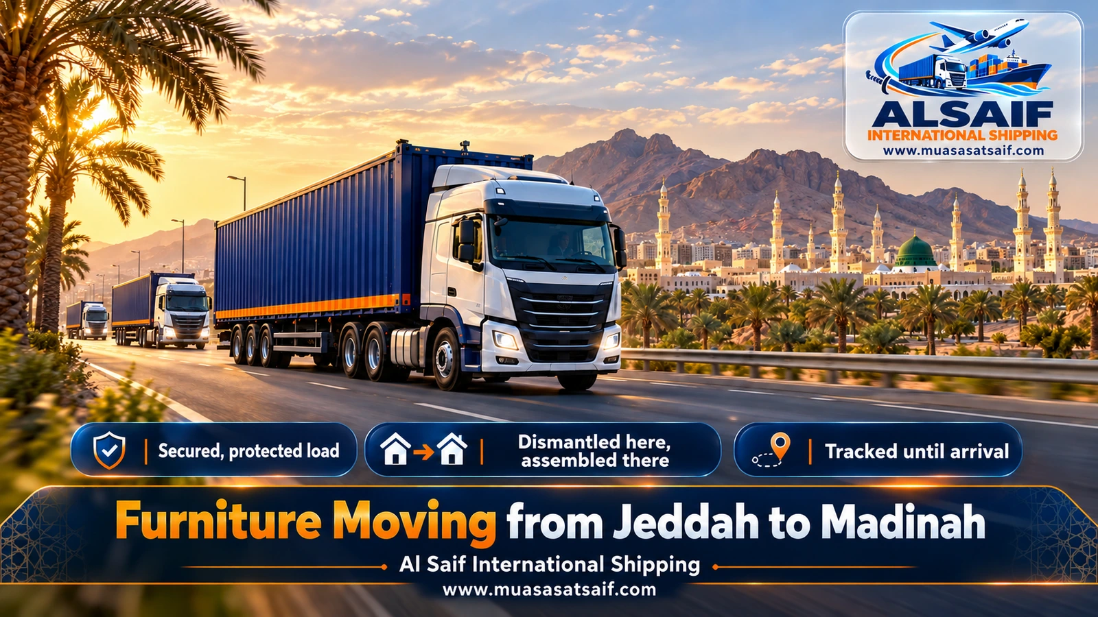 Closed moving truck on the Hijrah road between Jeddah and Madinah
