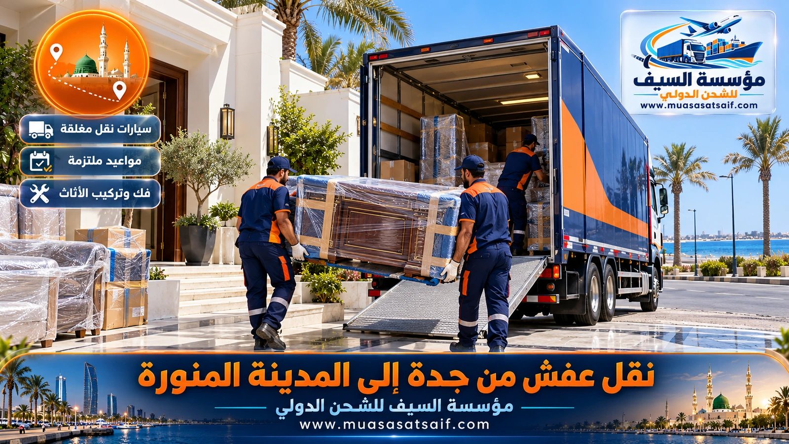 شركة نقل عفش من جدة الي المدينة | شاحنة مغلقة على طريق الهجرة مع نجار يرافق الحمولة