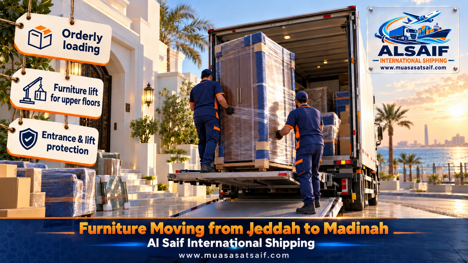 Wrapped furniture strapped inside a closed truck for a Jeddah to Madinah move