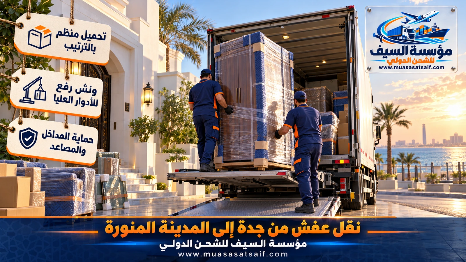 تحميل الأثاث المغلف وربطه بالأحزمة داخل شاحنة مغلقة لنقل العفش من جدة إلى المدينة