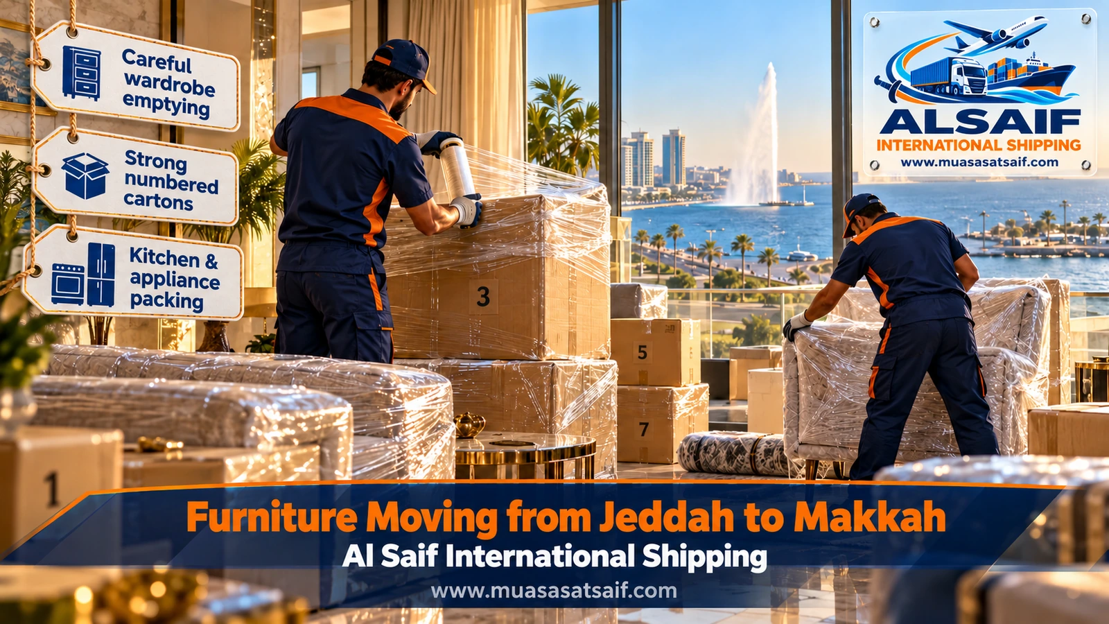 Bedroom furniture and sofas wrapped in blankets and film in Jeddah before a move to Makkah