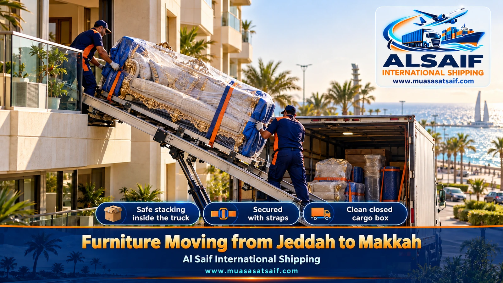 Wrapped furniture loaded into a closed truck for a Jeddah to Makkah move