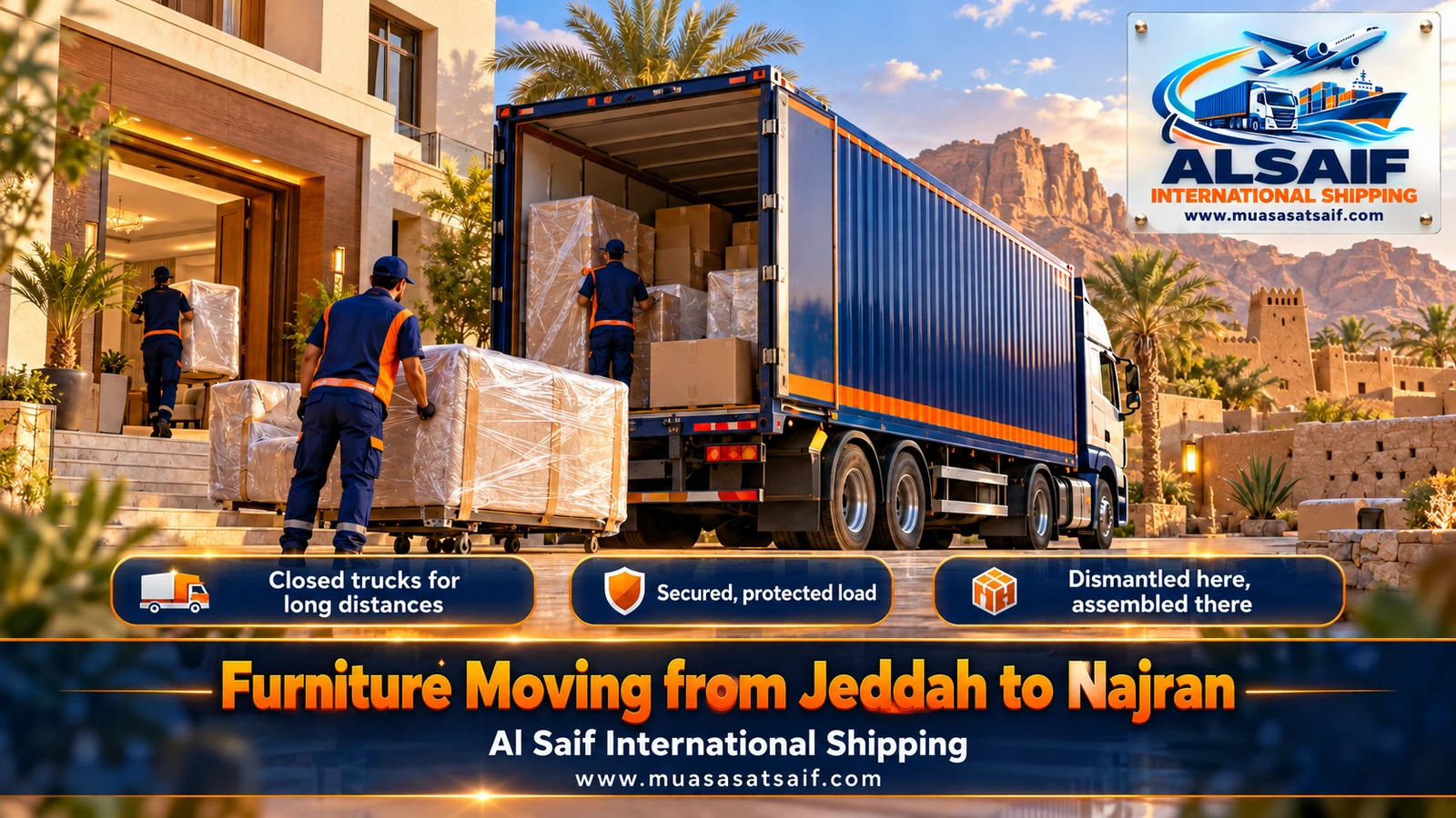 Closed furniture truck on the long road between Jeddah and Najran