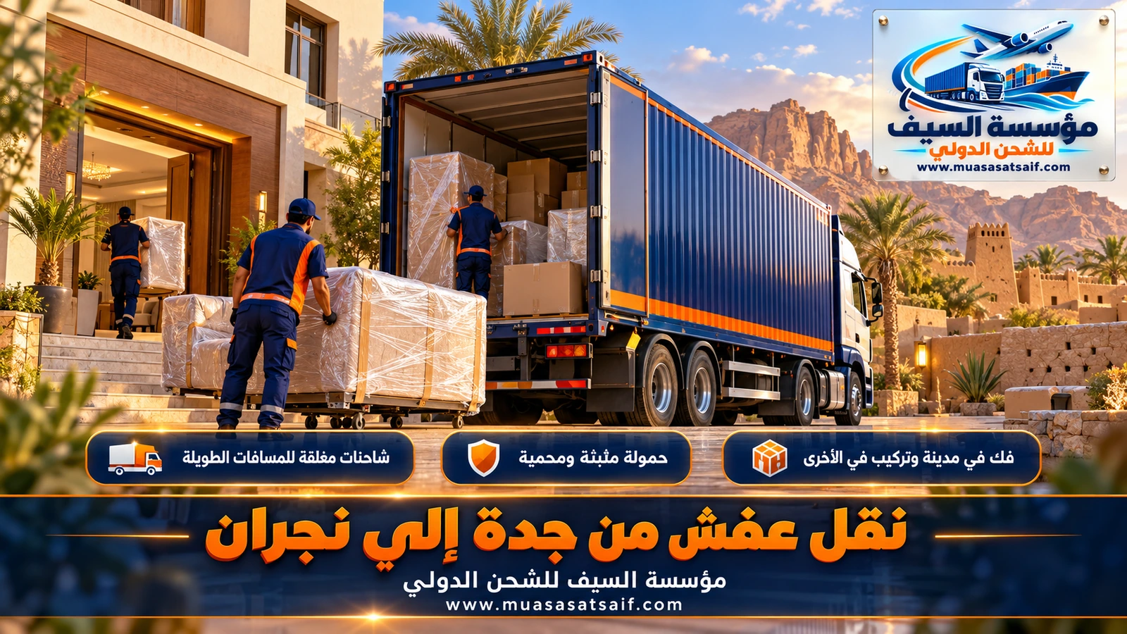 شاحنة نقل أثاث مغلقة على طريق بري طويل بين جدة ونجران