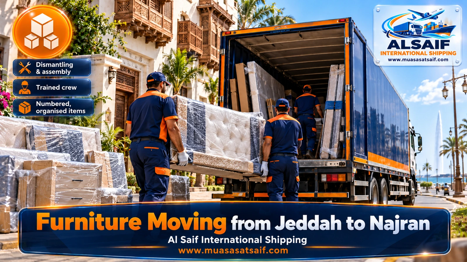 Furniture Moving from Jeddah to Najran | A Planned Two-Day Trip in a Closed Truck with Dust-Tight Packing