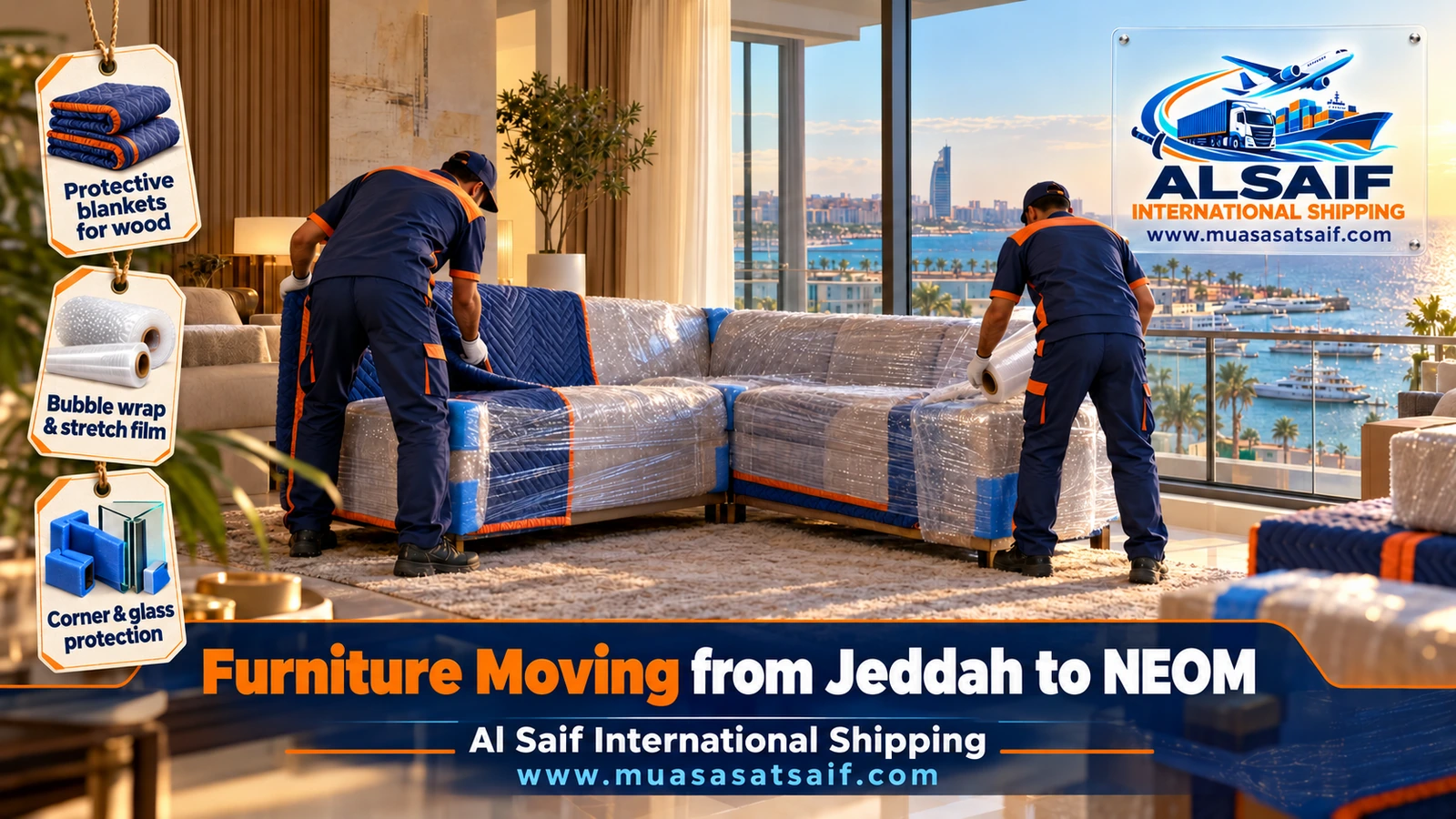 Appliances and a desk sealed in bags and double-wall boxes before furniture moving from Jeddah to NEOM