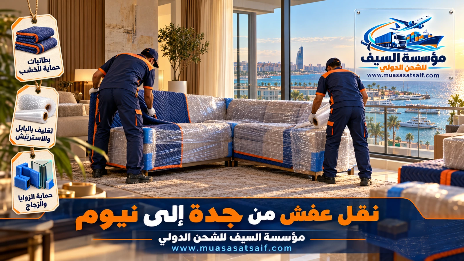 تغليف الأجهزة والمكتب بأكياس محكمة وكرتون مزدوج قبل نقل العفش من جدة إلى منطقة نيوم