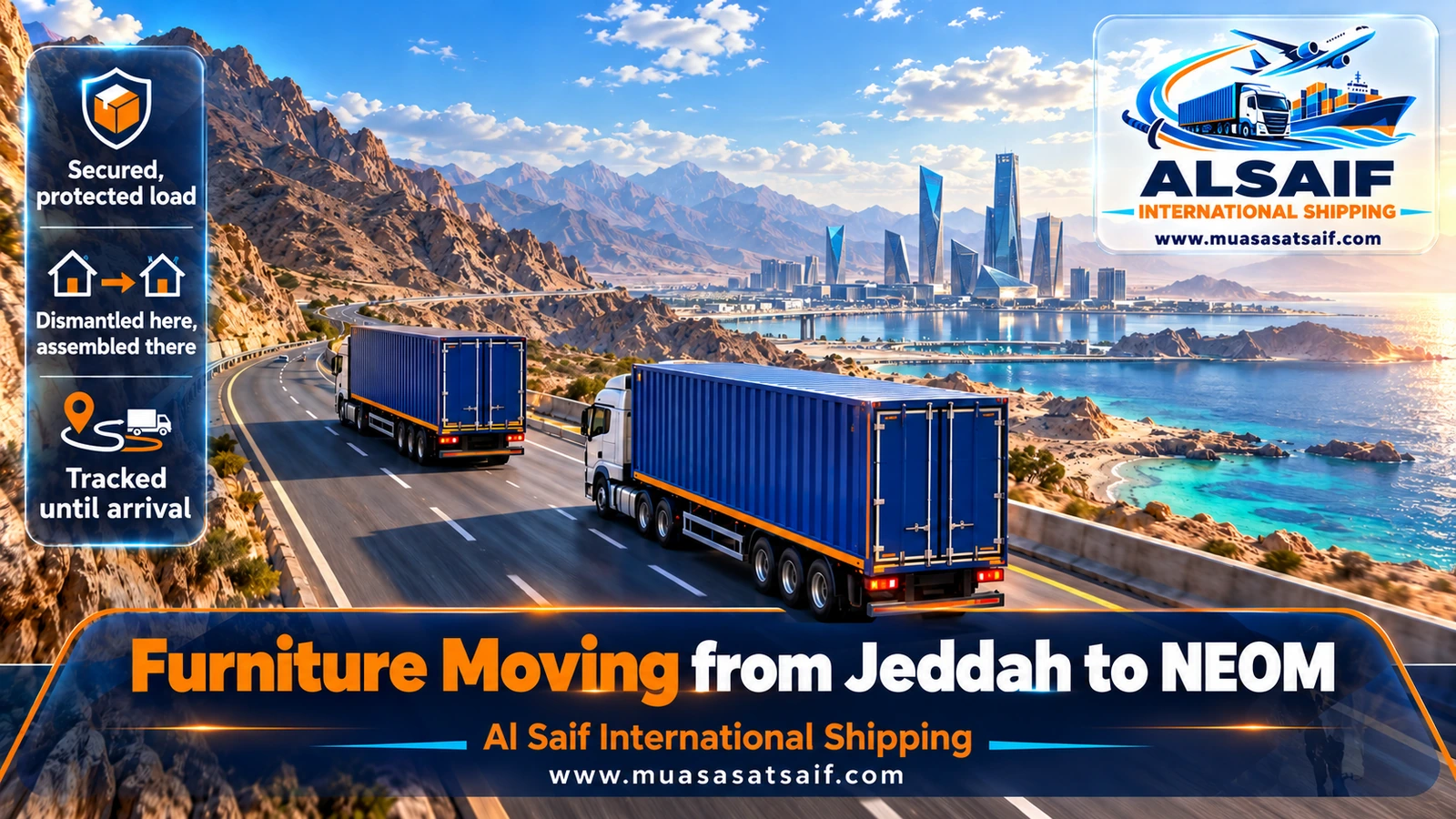 Closed truck on the coast road between Al Wajh and Duba during furniture moving from Jeddah to NEOM