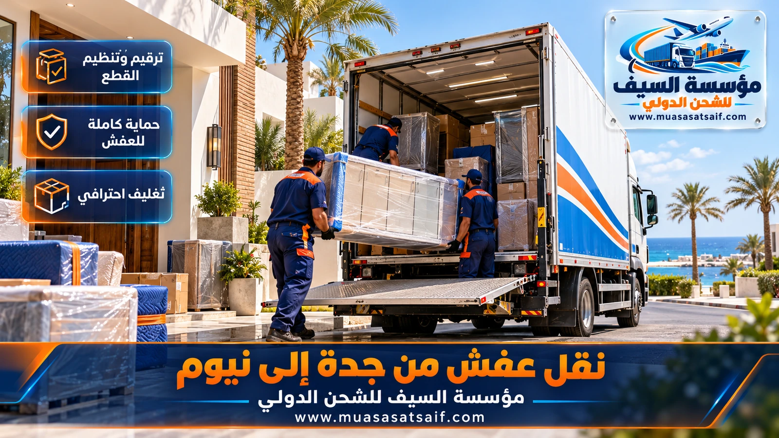 شركة نقل عفش من جدة الي نيوم | تنسيق تصاريح الدخول مع جهة العمل وتوصيل إلى شرما وقيال وضبا