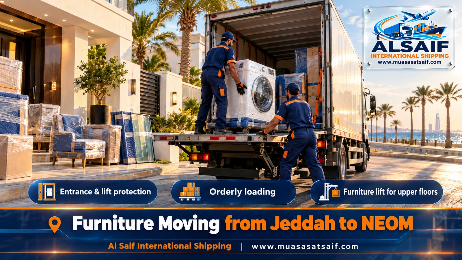 Numbered boxes and wrapped furniture strapped inside a truck for furniture moving from Jeddah to NEOM