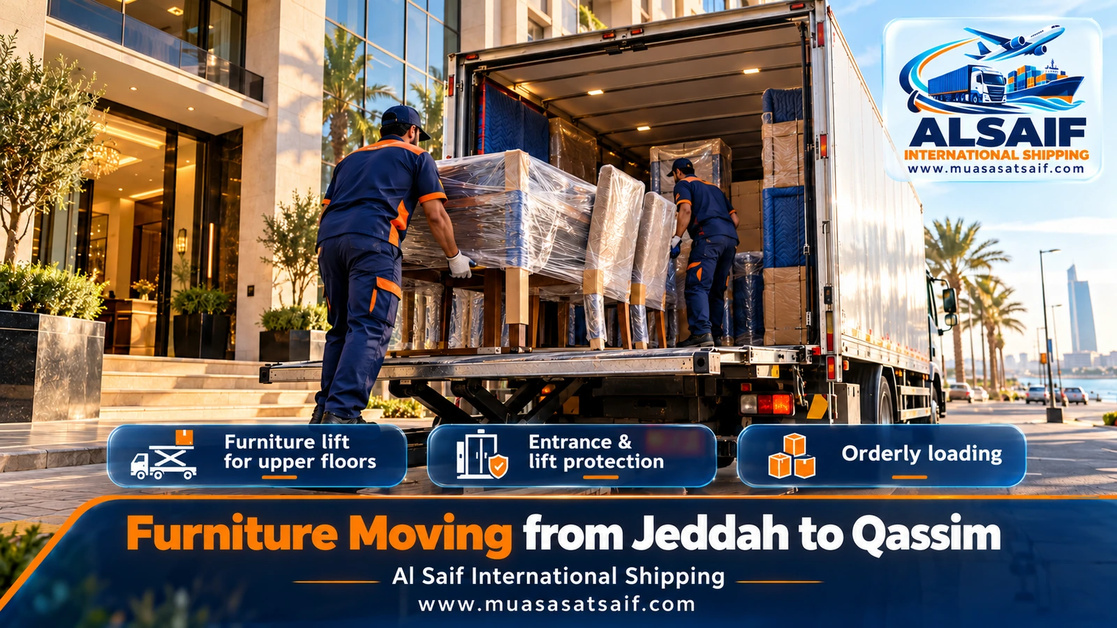 Load divided for two towns inside a truck for furniture moving from Jeddah to Qassim