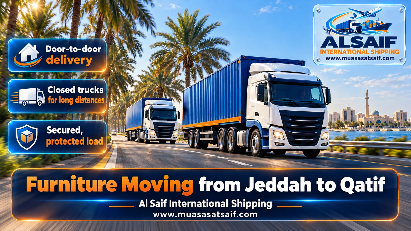 Closed furniture truck on the long road from Jeddah to Qatif via Riyadh and Dammam