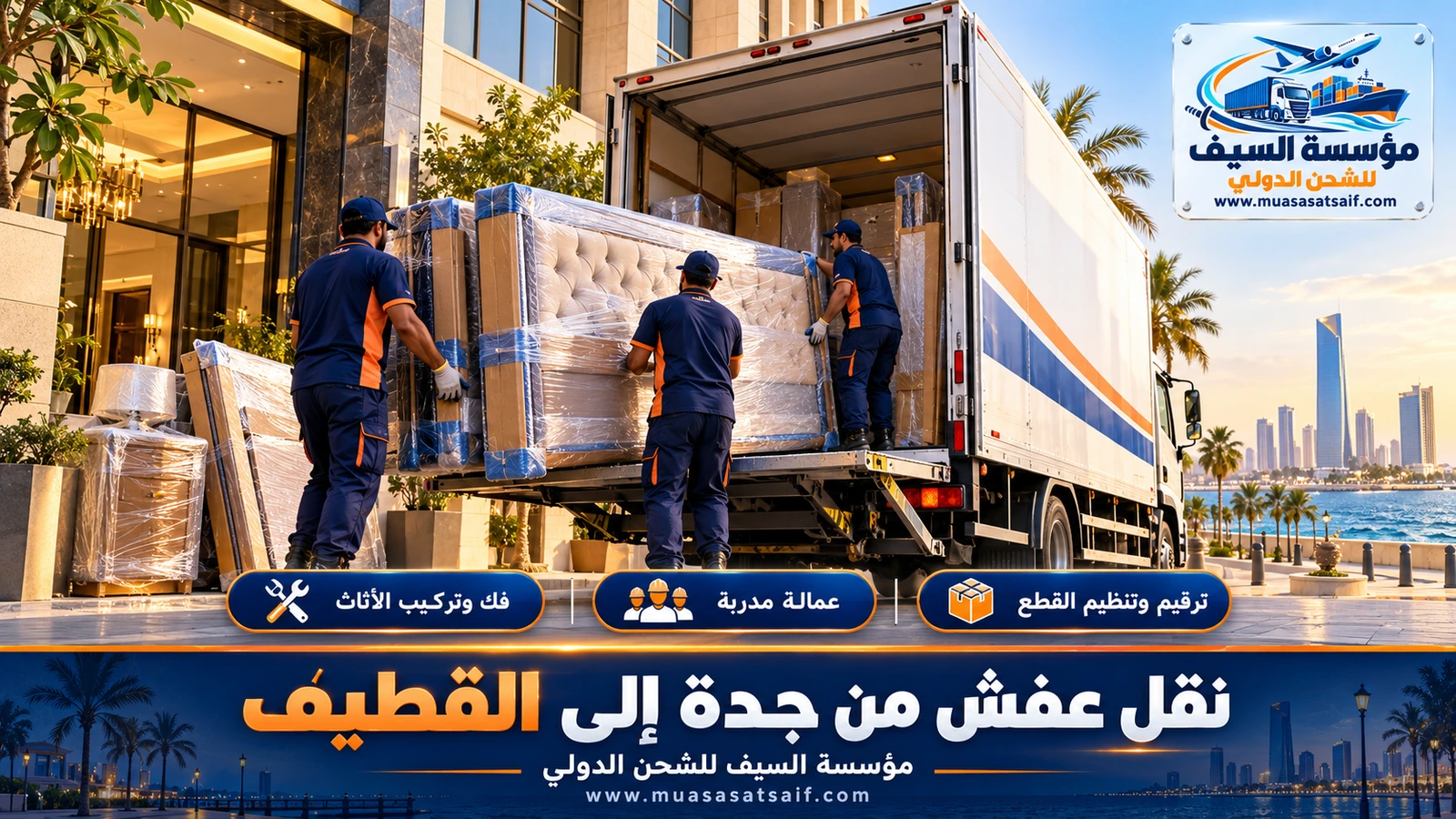 شركة نقل عفش من جدة الي القطيف | توصيل إلى سيهات وتاروت وصفوى حتى الحارات الضيقة