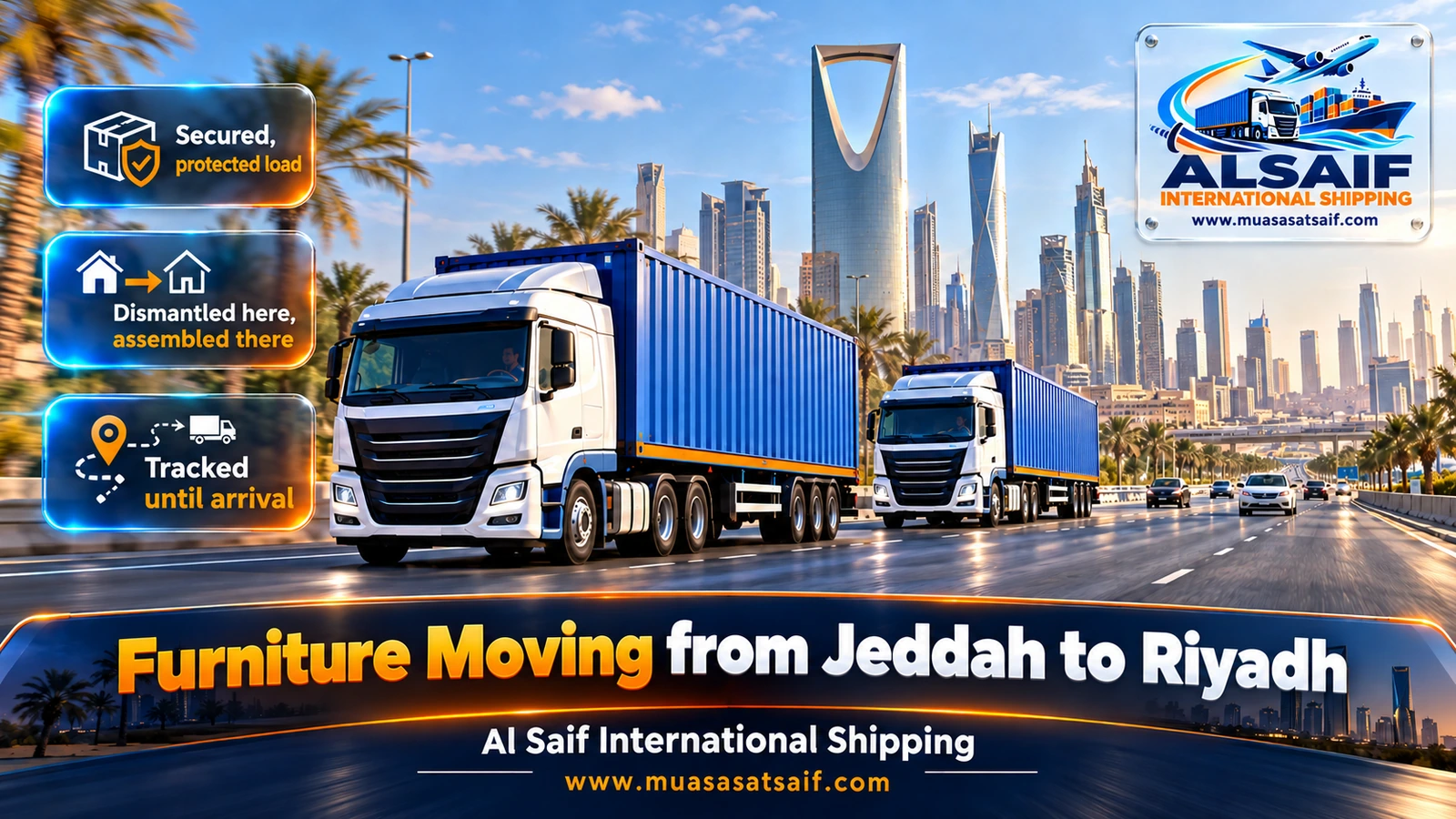 Closed moving truck on the desert highway during furniture moving from Jeddah to Riyadh